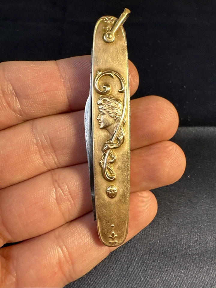 RARE Antique Sheffield 2 Blade Brass Embossed Face Figure Mini Folding Knife - Image 1 of 4