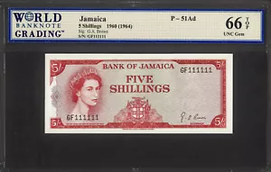 Jamaica 5 Shillings 1960 (1964) QEII SOLID # GF 111111 P-51Ad GEM UNC WBG 66 TOP - Picture 1 of 2