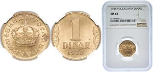 Yugoslavia 1938 1 Dinar Aluminium bronze 91 Cu 9 Al NGC MS 63 - Picture 1 of 1