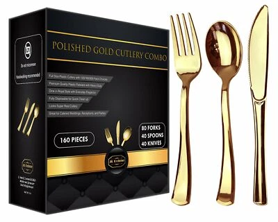 JL PRIME 160 Piece Gold Plastic Silverware, Reusable Cutlery,80 Forks,40 Spoons,40 Knives