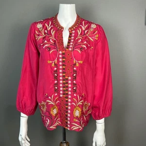 JOHNNY WAS WORKSHOP Top Small Floral Pink Silk Embroidered Blouse Boho NWT - Picture 1 of 12