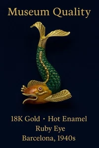 18K Gold Enamel Fish Brooch • Ruby Eye • Barcelona Jewelry Art • 1940s - Picture 1 of 11