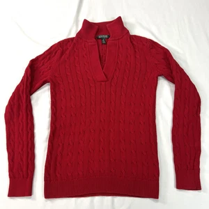 Lauren Ralph Lauren Sweater Womens Medium Red Cable Knit Mock Neck Christmas - Picture 1 of 16