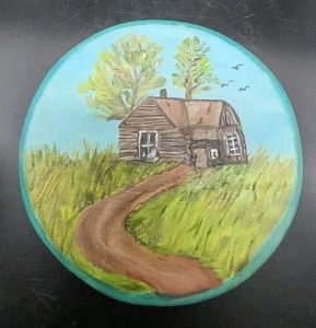 Vintage Hand Painted Cabin Round Wall Plaque Art Wood Folk Art 5.25" - Picture 1 of 3