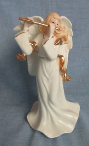 BANKYO PORCELAIN WHITE 9-3/4" ANGEL  GOLD FLUTE AND SASH MUSIC BOX ODE TO JOY - Picture 1 of 4