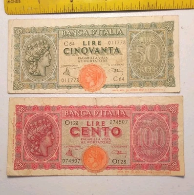 Old Italy 50 and 100 Lire WWII era Notes 1944 - Image 1 of 2