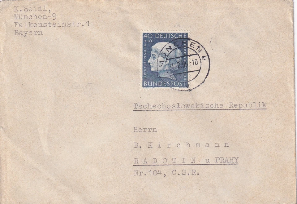 1955 GERMANY BUND single 40Pf Wohlfahrt / Pappenheim, MÜNCHEN to ČSR 120€ - Image 1 of 1