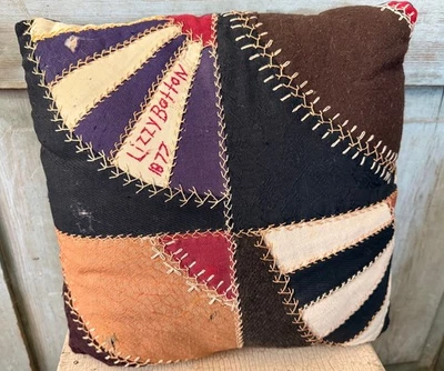 Primitive Stitchery  Antique Crazy Quilt Pillow 13 x 13 - Image 1 of 4