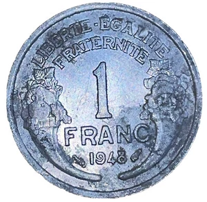 France 1 Franc 1948 French Coin light type Aluminum Cornucopia 23mm KM # 885a.1 - Picture 1 of 14