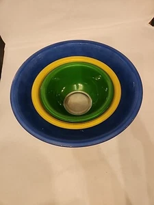 Vtg Pyrex Corning USA Set 3 Nesting Mixing Bowl Clear Bottom Green Yellow Blue - Picture 1 of 10