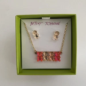BETSEY JOHNSON Gold Tone, PINK GUMMY BEAR Pendant NECKLACE & Stud EARRINGS NEW! - Picture 1 of 10