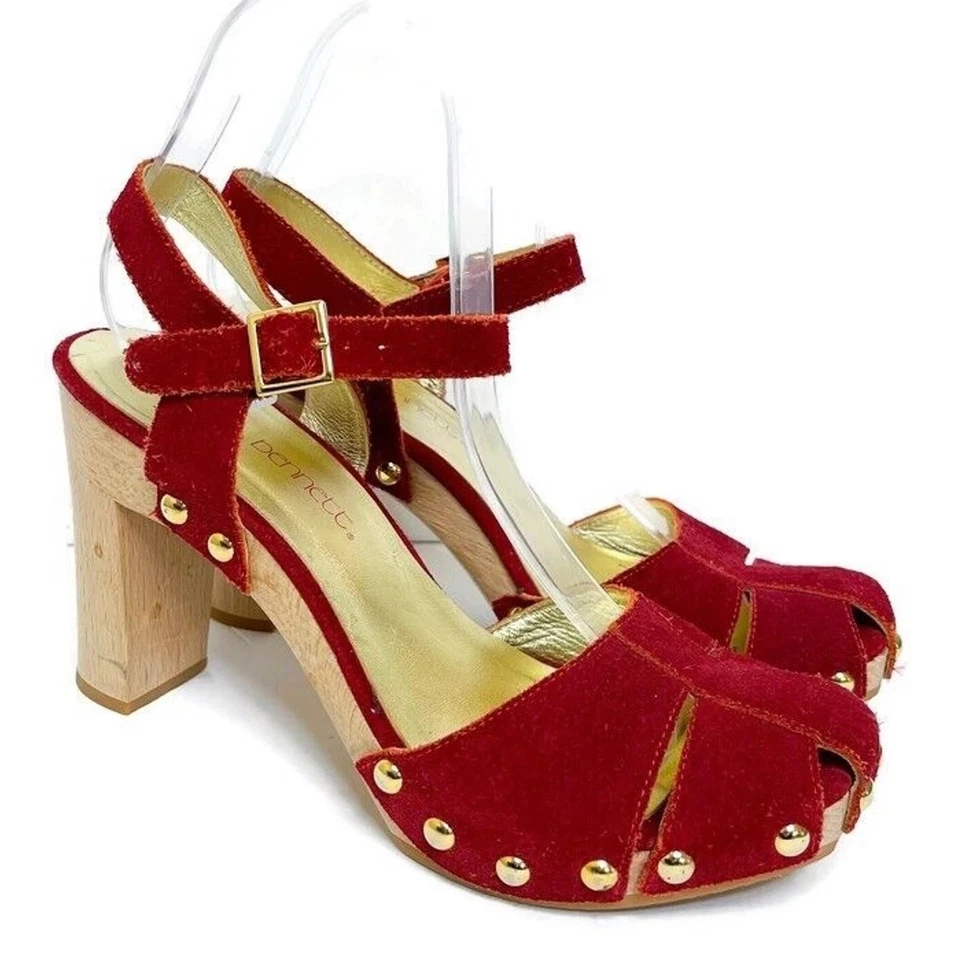 JESSICA BENNETT Mujer Rojo Gamuza Tirantes Grueso Tobillo Correa Tacones Retro Años 70 7.5 Foto 1 de 4