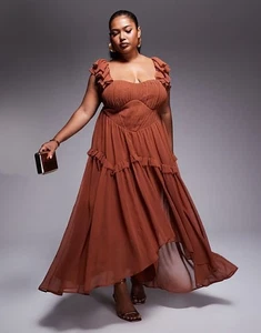 Vestido midi alto bajo manga acampanada diseño curvo en moca talla 16 precio de venta sugerido por el fabricante 80 USD de ASOS - Imagen 1 de 3