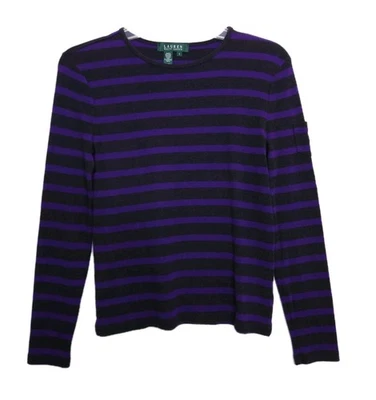 Suéter Pullover LRL Ralph Lauren Para Mujer S Púrpura Gris Rayas Bolsillo Logo Preppy Foto 1 de 4