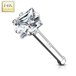 Piercing Nasale Asta Dritta In Oro Bianco 14 Carati Gemma Quadrata - Foto 1 di 1