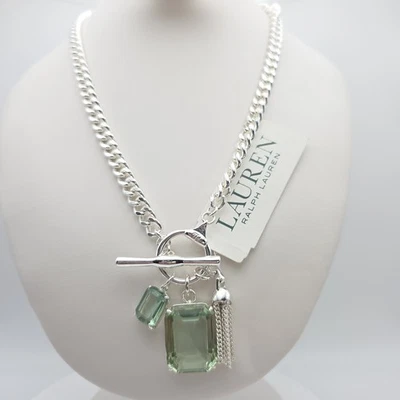 New!! RALPH LAUREN Toggle Necklace Emerald-Cut Stone Silver Plate Curb Chain 16" - Image 1 of 4