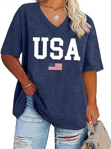 Plus Size V-Neck 4th of July T Shirt Women Distressed American Flag Graphic T... - Picture 1 of 1