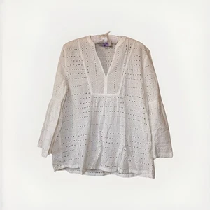 LOFT White Eyelet Top Size Medium V Neck Long Bell Sleeves Lightweight - Picture 1 of 5