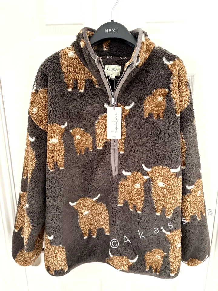 Next Womens Charcoal Grey Hamish The Highland Cow Print Borg Half Zip Fleece - Image 1 of 3