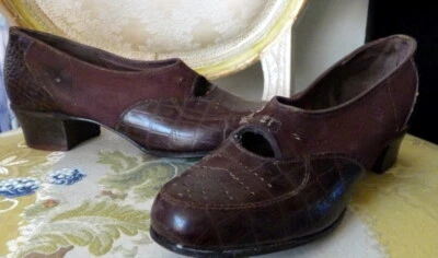 ZAPATOS DE CUERO MARRÓN VINTAGE AÑOS 20 Talla 5 1/2 Foto 1 de 4