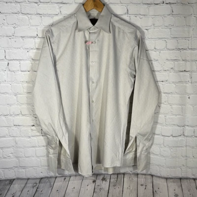 Zegna City Mens Beige Striped All over Z Pattern Long Sleeve Dress Shirt 39 15 1 - Image 1 of 4