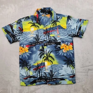 Rima Hawaiian Shirt Mens Small St Lucia Beachworld Batik Palm Tree Helen Indies - Picture 1 of 7