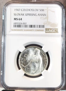 1947 CZECHOSLOVAKIA SILVER 50 KORUN SLOVAK UPRISING ANNIVERSARY NGC MS 64 - Picture 1 of 3