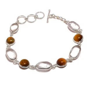Natural Tigers Eye & Clear Crystal Quartz Gemstone Handmade Adjustable Bracelet - Picture 1 of 3