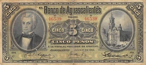 Mexico / Aguascalientes  5  Pesos  7.1.1910  Series C  Circulated Banknote Qash9 - Picture 1 of 2
