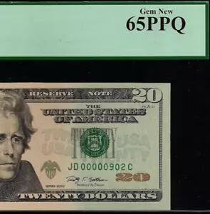 2009 $20 Federal Reserve Note PCGS 65PPQ - Birthday - Low Serial Number 00000902 - Picture 1 of 3