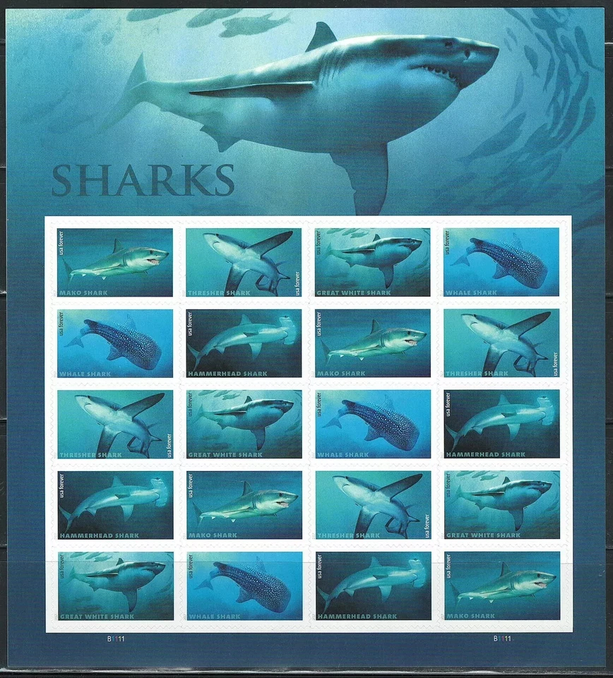 Panel de 20 estampillas Forever de tiburones de Estados Unidos Scott # 5227a (MNH) como nuevas Foto 1 de 1