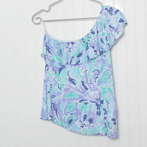 Top Lilly Pulitzer blu viola floreale a una spalla in cotone arricciato medio - Foto 1 di 8