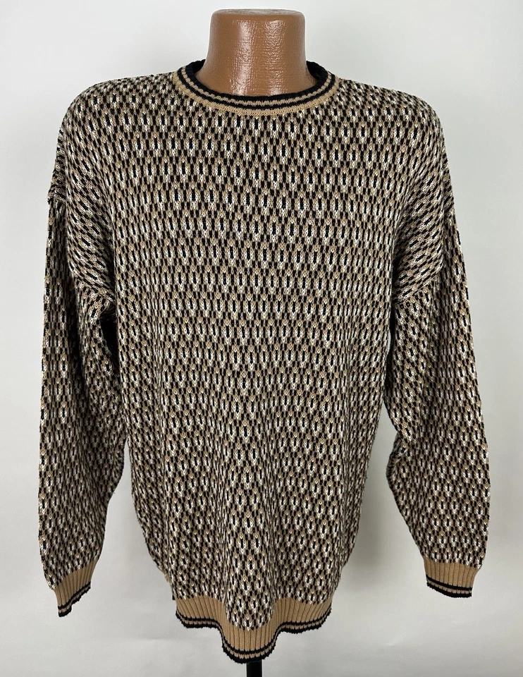 Vintage 90s PERRY ELLIS Golf Sweater L Beige Diamond Medallion Paisley Preppy  - Image 1 of 4