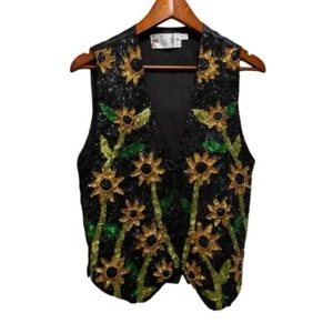 Vintage Sequined Sunflower Boho Hippie Vest 90s Floral Feminine Size Small - Picture 1 of 13