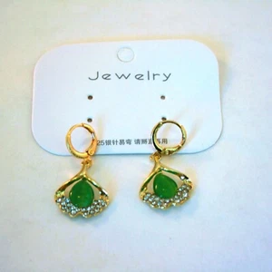 925 SILVER POST gold tone clear lace edge & green crystal dangle earrings 1 1/2" - Picture 1 of 2