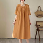 Summer Casual Women Cotton Linen A-Line Loose Casual Long Skirt Boho Soft Dress