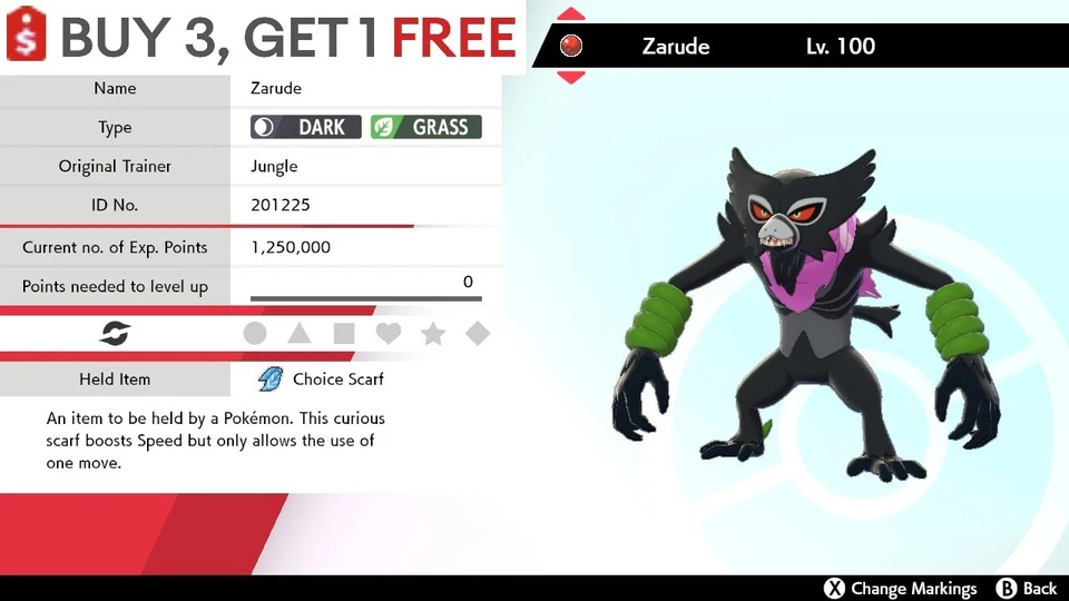Zarude (Dada) w/ Choice Scarf Movie Mythical Pokemon Sword and Shield Perfect IV