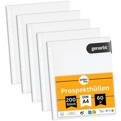 perfect line 200 Prospekthüllen A4 genarbt 60 my stark dokumentenecht säurefrei - Bild 1 von 4