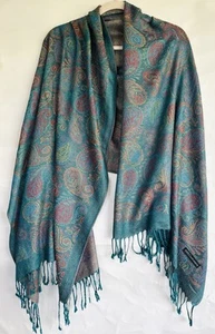 Green Pashmina Scarf Wrap Shawl 100% Cashmere Paisley Fringe - Picture 1 of 4