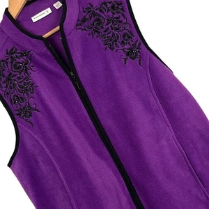 SUSAN GRAVER Women's L Purple Fleece Floral Embroidered Cozy Layer Full Zip Vest - Picture 1 of 10