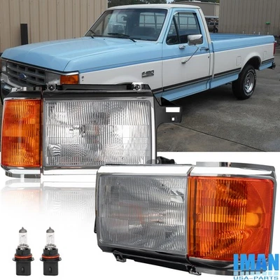 1Pair Headlights Chrome Trim Headlamps W/Bulbs For Ford F150 F250 Bronco 1987-91 - Image 1 of 4