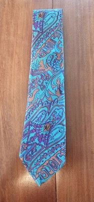 Leonardo Italian All Silk Mens Tie Vibrant Teal,Purple, Orange Floral  - Image 1 of 4