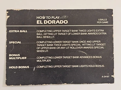 ORIGINAL 84 PREMIER EL DORADO CITY OF GOLD PINBALL APRON INSTRUCTION CARD A24197 - Image 1 of 2