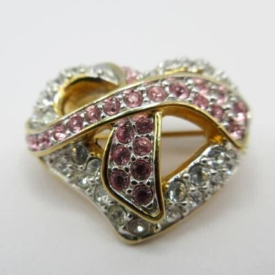 Swarovski Heart Pin with Cancer Awareness Pink Ribbon Rhinestones Heart Brooch Foto 1 de 4