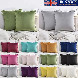 UK STOCK Pom Poms Plain Velvet Cushion Cover Pillow Case 12" 18" 20" 22" 24" 26" - Picture 1 of 23