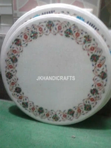 White Marble Table top Rare Malachite Stone Floral Inlay Work Hallway Decor Gift - Picture 1 of 4