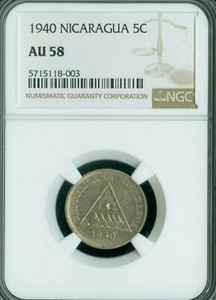 1940 NICARAGUA 5 CENTAVO NGC AU58 RARE IN THIS GRADE . - Picture 1 of 2