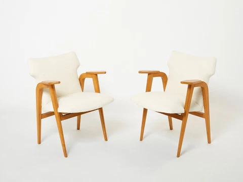 Roger Landault French oak compass armchairs wool bouclé 1950s Cover