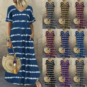 Womens Summer BOHO Long Maxi Dress Ladies Plus Size Striped Sun Dresses Sundress - Picture 1 of 15