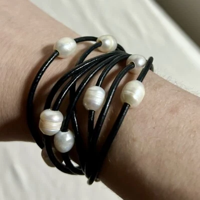 Black Leather Eight Rope Wrap Bracelet White Luster Pearls Magnetic Clasp - Image 1 of 4